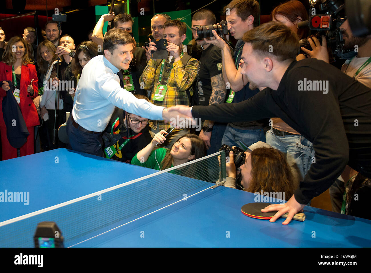 Ukrainian comic actor and presidential candidate Volodymyr Zelenskiy playing table tennis at his campaign headquarters following the presidential election in Kiev, Ukraine.  Featuring: Volodymyr Zelenskiy Where: Kiev, Ukraine When: 31 Mar 2019 Credit: IPA/WENN.com  **Only available for publication in UK, USA, Germany, Austria, Switzerland** Stock Photo