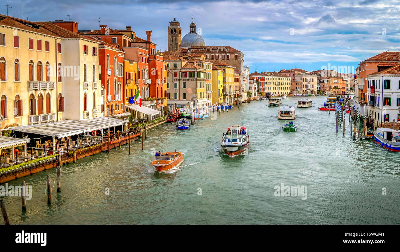 Grand Canal and  Venice, Italy Skyline, Vaporetto - Water Taxi Boats Stock Photo