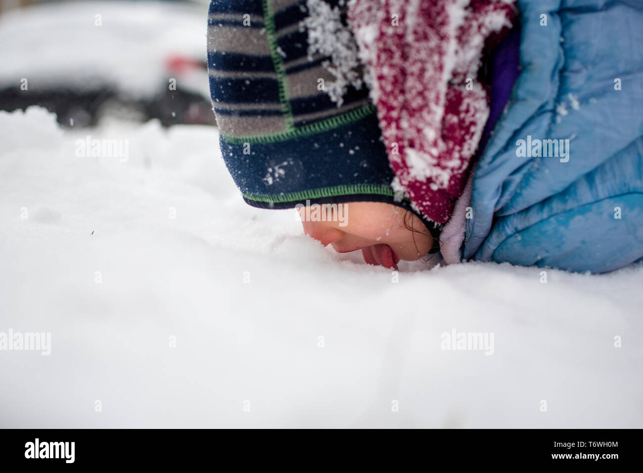 side view of a snow-covered girl in fuzzy hat laying down eating snow Stock Photo