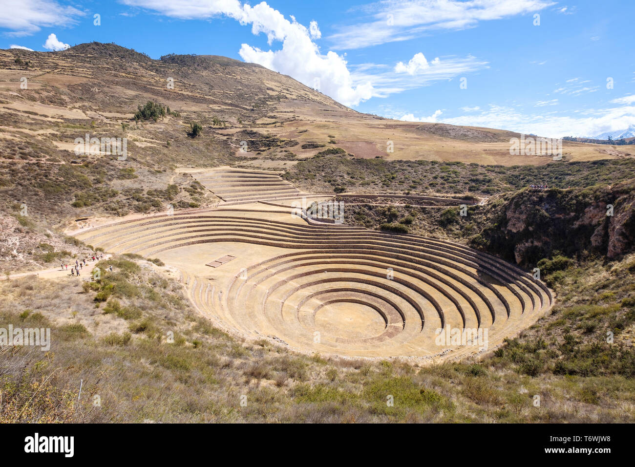 Scenic view of the extraordinary cirular terraces at Moray Inca Archeological Site, Cusco Region, Peru Stock Photo