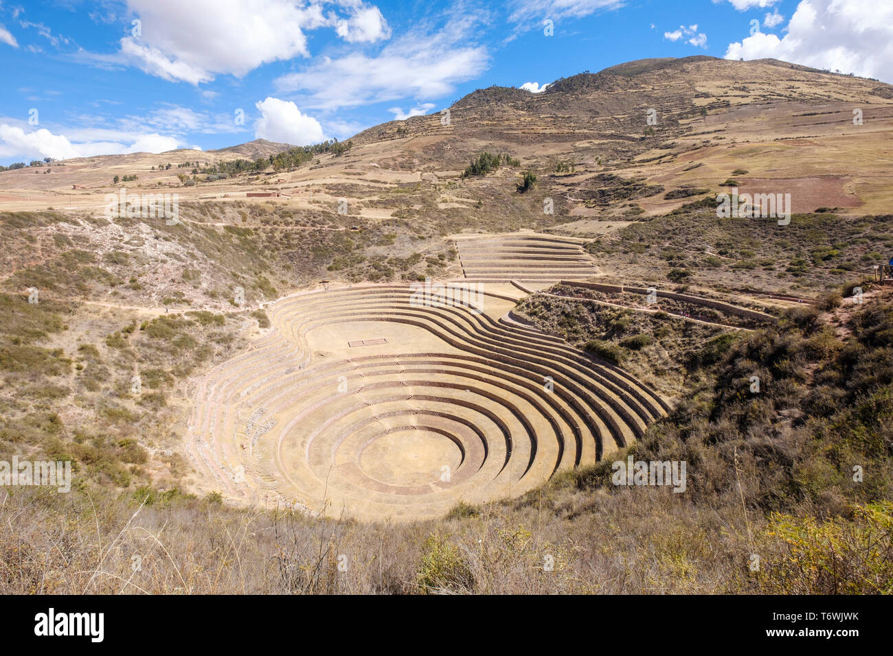 Scenic view of the extraordinary cirular terraces at Moray Inca Archeological Site, Cusco Region, Peru Stock Photo