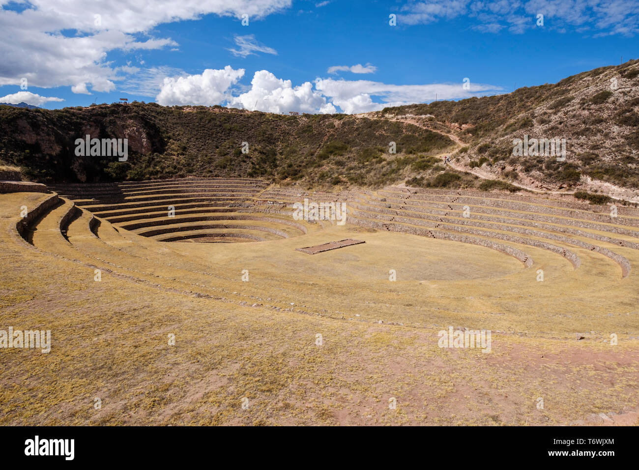 Scenic view of the extraordinary cirular terraces at Moray Inca Archeological Site, Cusco Region, Peru Stock Photo