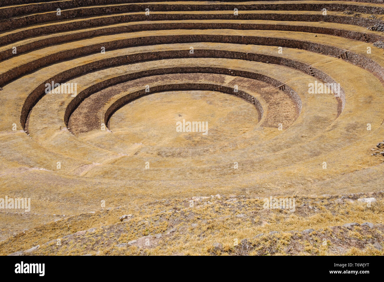 Scenic view of the extraordinary cirular terraces at Moray Inca Archeological Site, Cusco Region, Peru Stock Photo