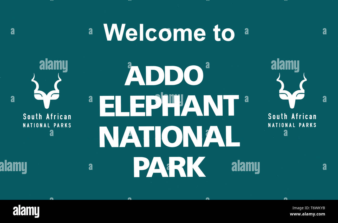 Entrance sign to Addo Elephant National Park, Port Elizabeth, Eastern Cape, South Africa Stock Photo