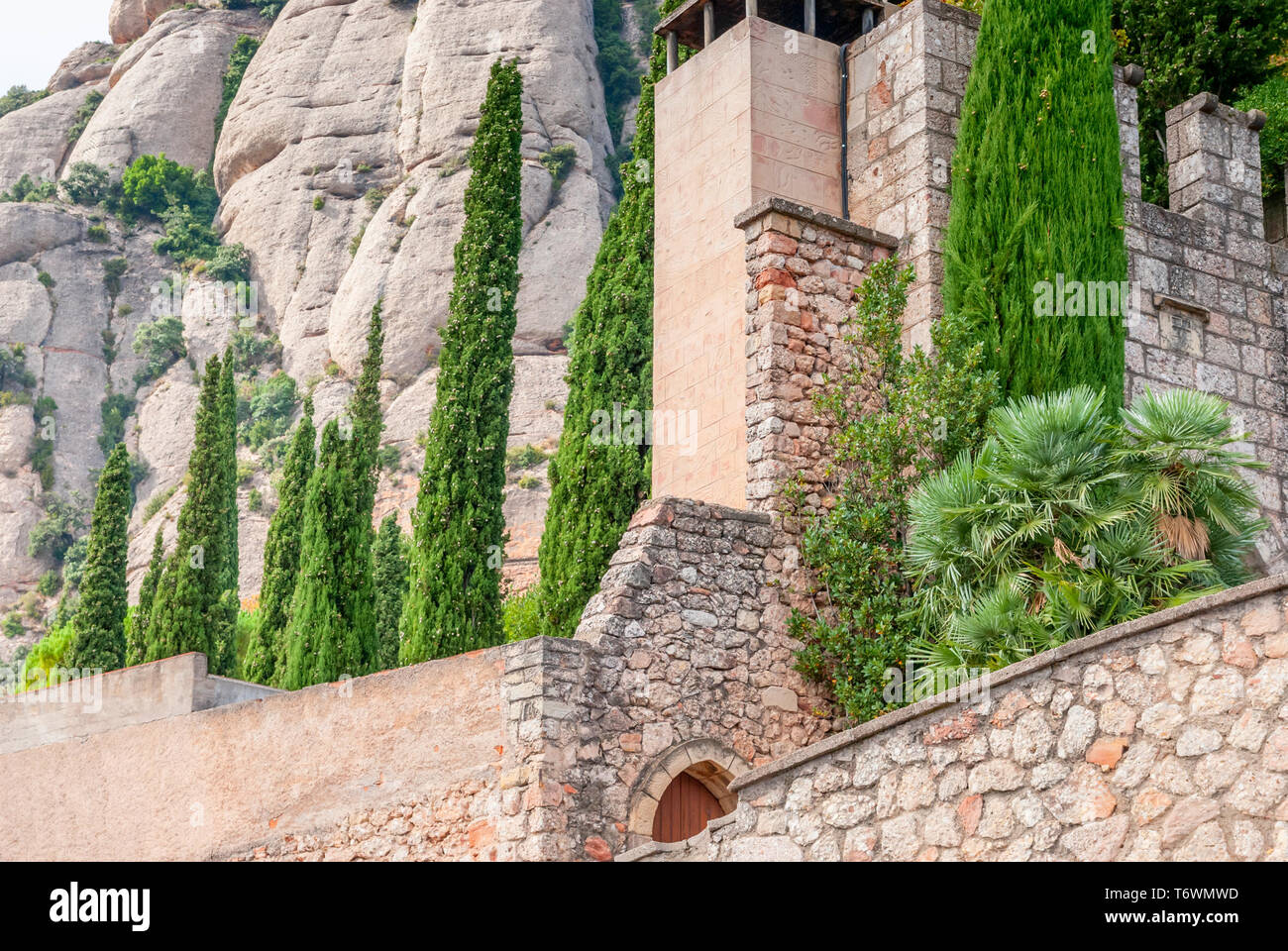 Santa Maria de Montserrat Abbey in Monistrol de Montserrat, Catalonia, Spain. Famous for the Virgin of Montserrat. Stock Photo