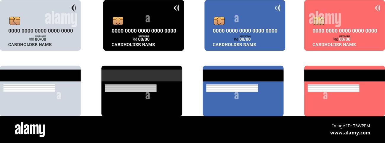 Bank plastic credit or debit contactless smart charge card front and back sides with EMV chip and magnetic stripe. Blank design template mockup. Vecto Stock Vector