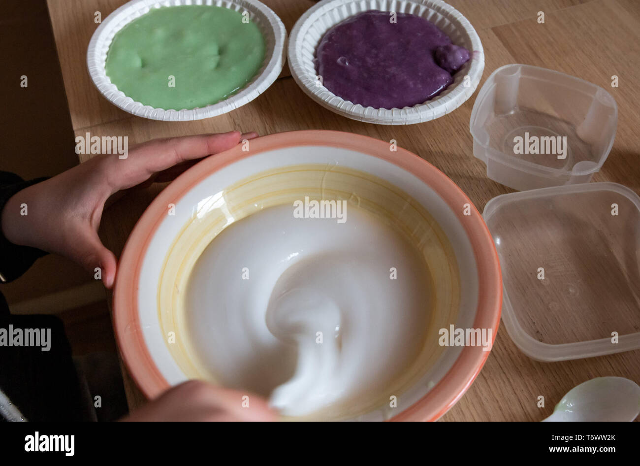 Making slime with children at home in the UK Stock Photo