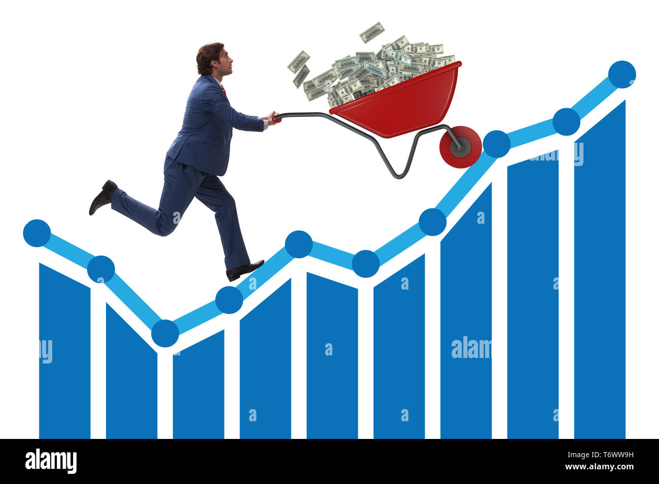 Businessman pushing wheelbarrow full of dollar money Stock Photo Alamy