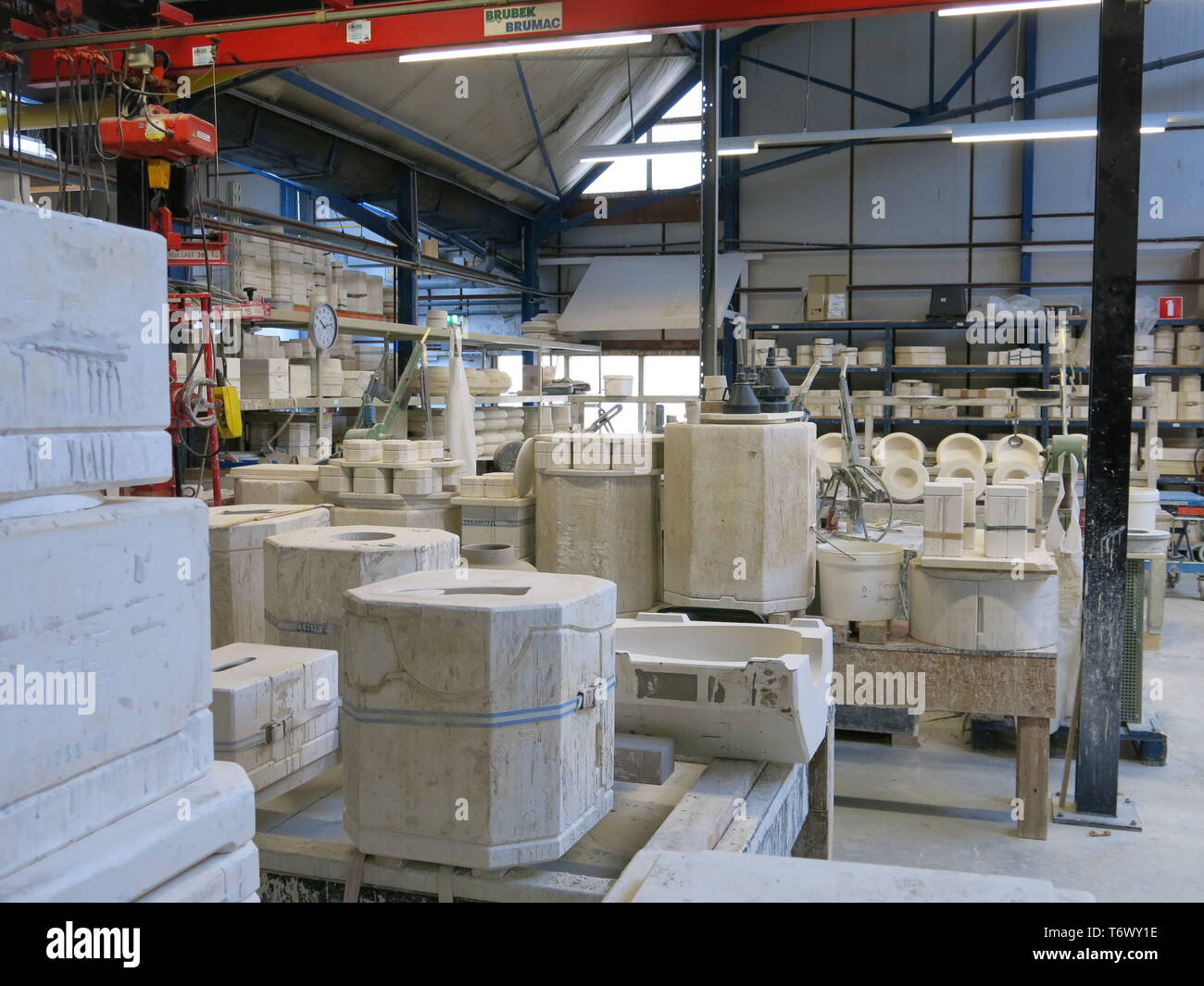 Interior view at the Royal Delft factory of the factory floor with the