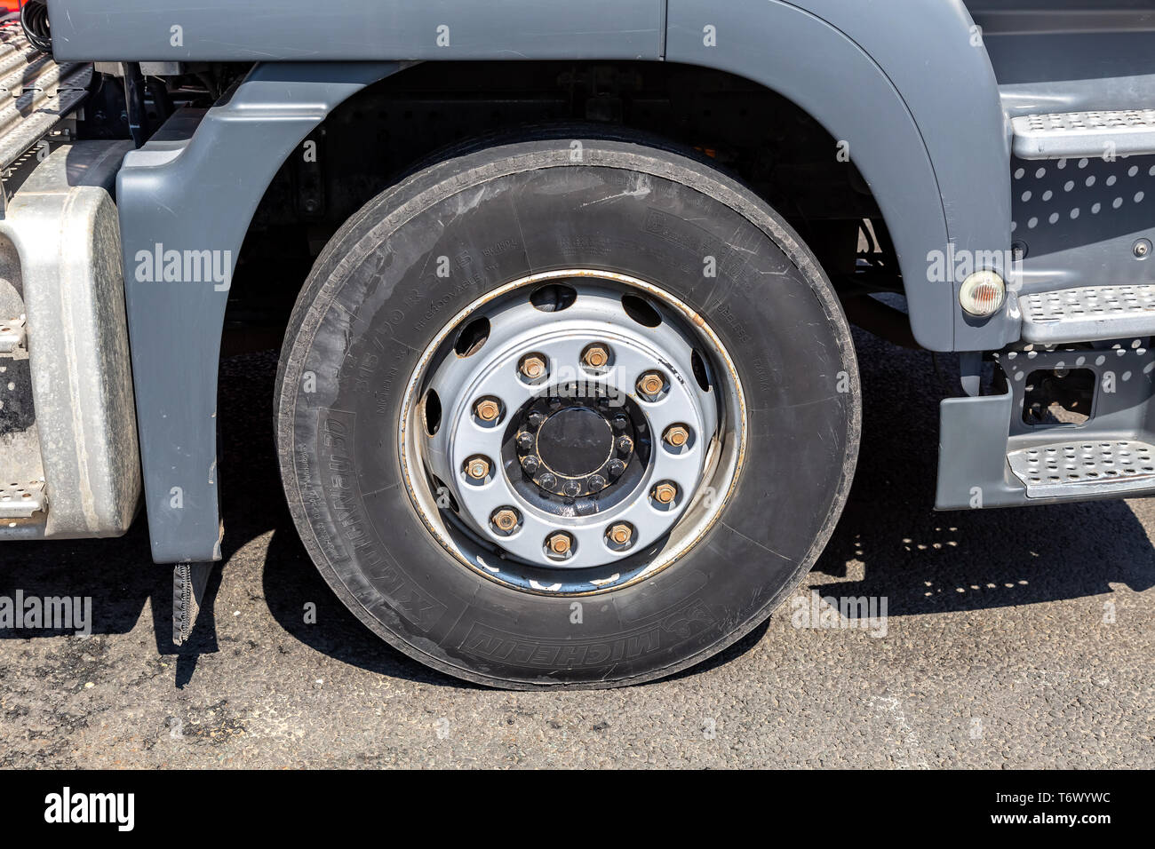 Samara, Russia - May 1, 2019: Close up view of MAN truck wheel with Michelin tire Stock Photo