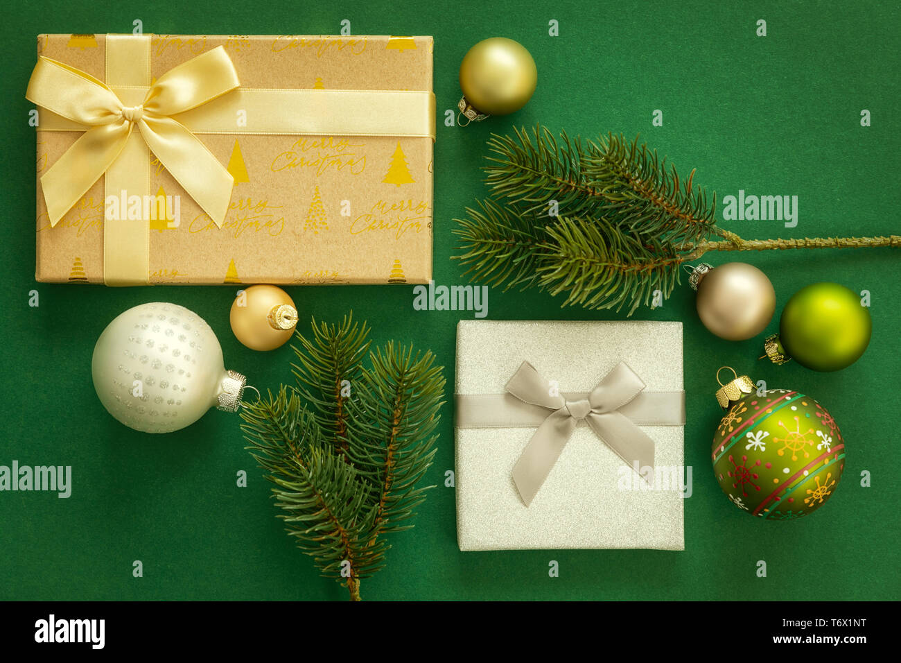 Christmas decoration background green with gift box Stock Photo - Alamy