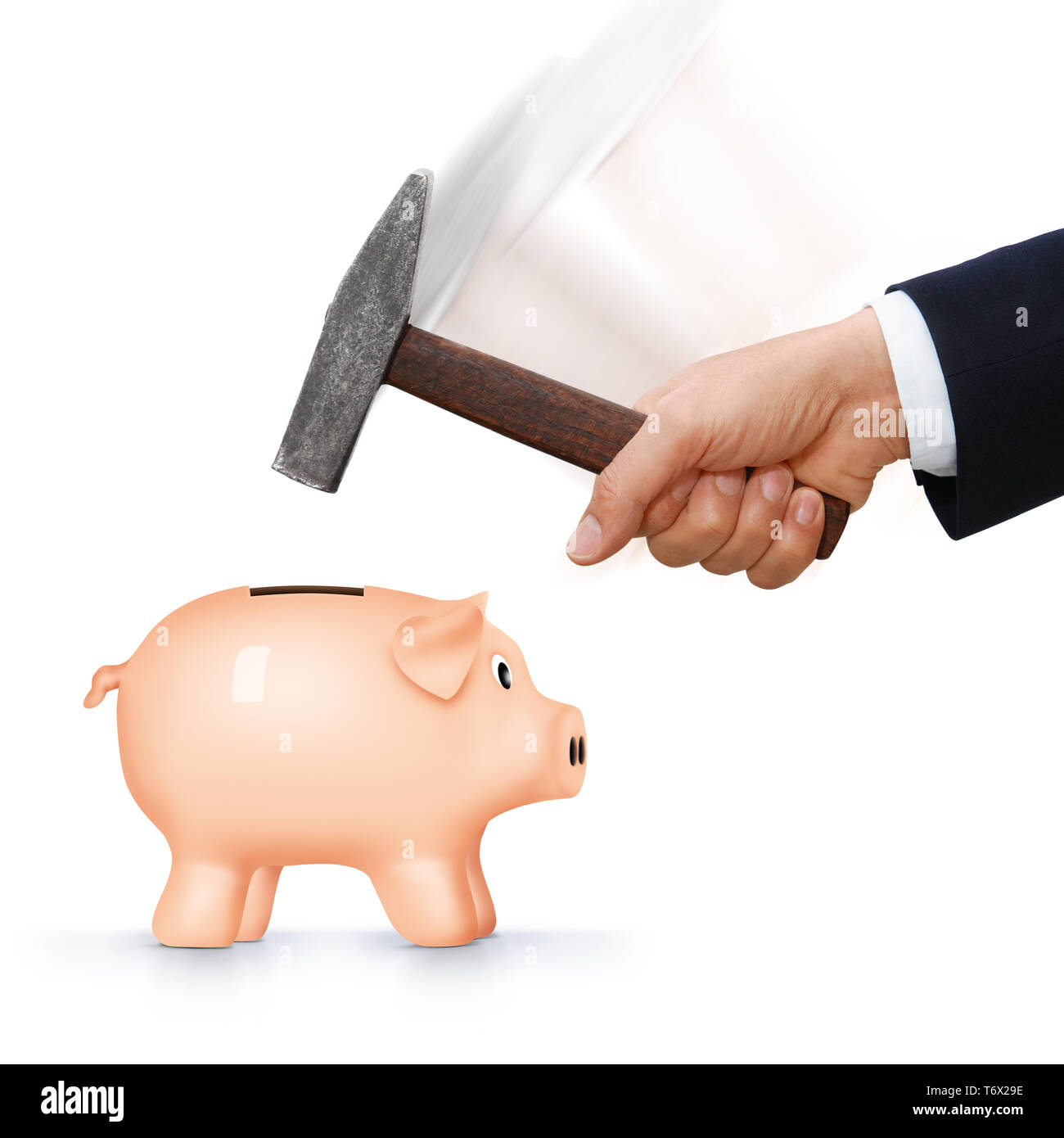 Gesture series, man smashes piggy bank with hammer Stock Photo