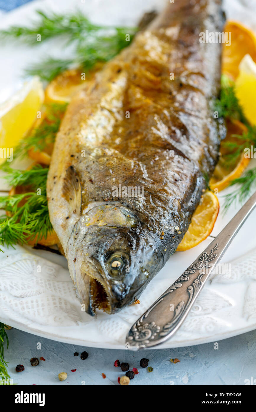 Baked lake trout close-up. Stock Photo