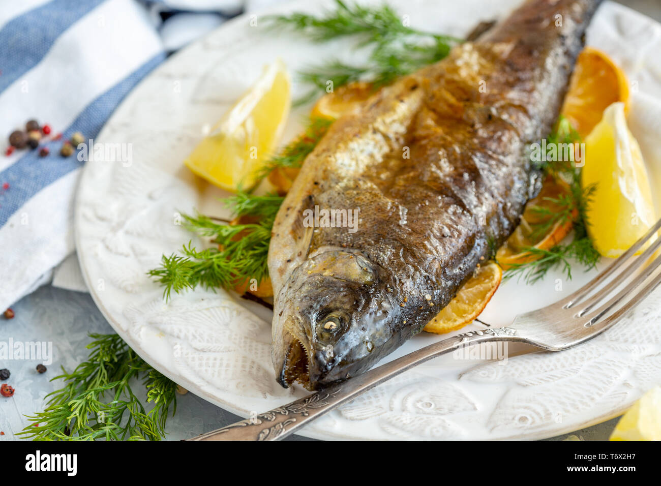 Baked lake trout with lemon and dill. Stock Photo