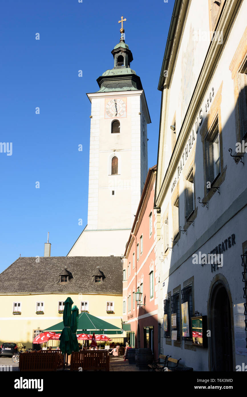 Grein: square Stadtplatz, church in Donau, Oberösterreich, Upper Austria, Austria Stock Photo