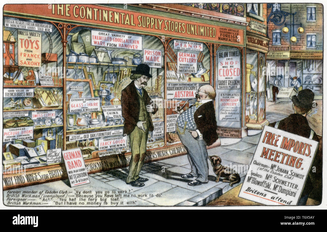 A Free Trade Forecast, c1900. A Victorian poster designed and printed by Percival Jones Ltd, Birmingham. This image depicts a Free Trade Shop selling a range of imported goods, with an unemployed British workman standing outside being addressed by a wealthy German, a member of the Cobden Club. Originally published by the Imperial Tariff Committee. Stock Photo