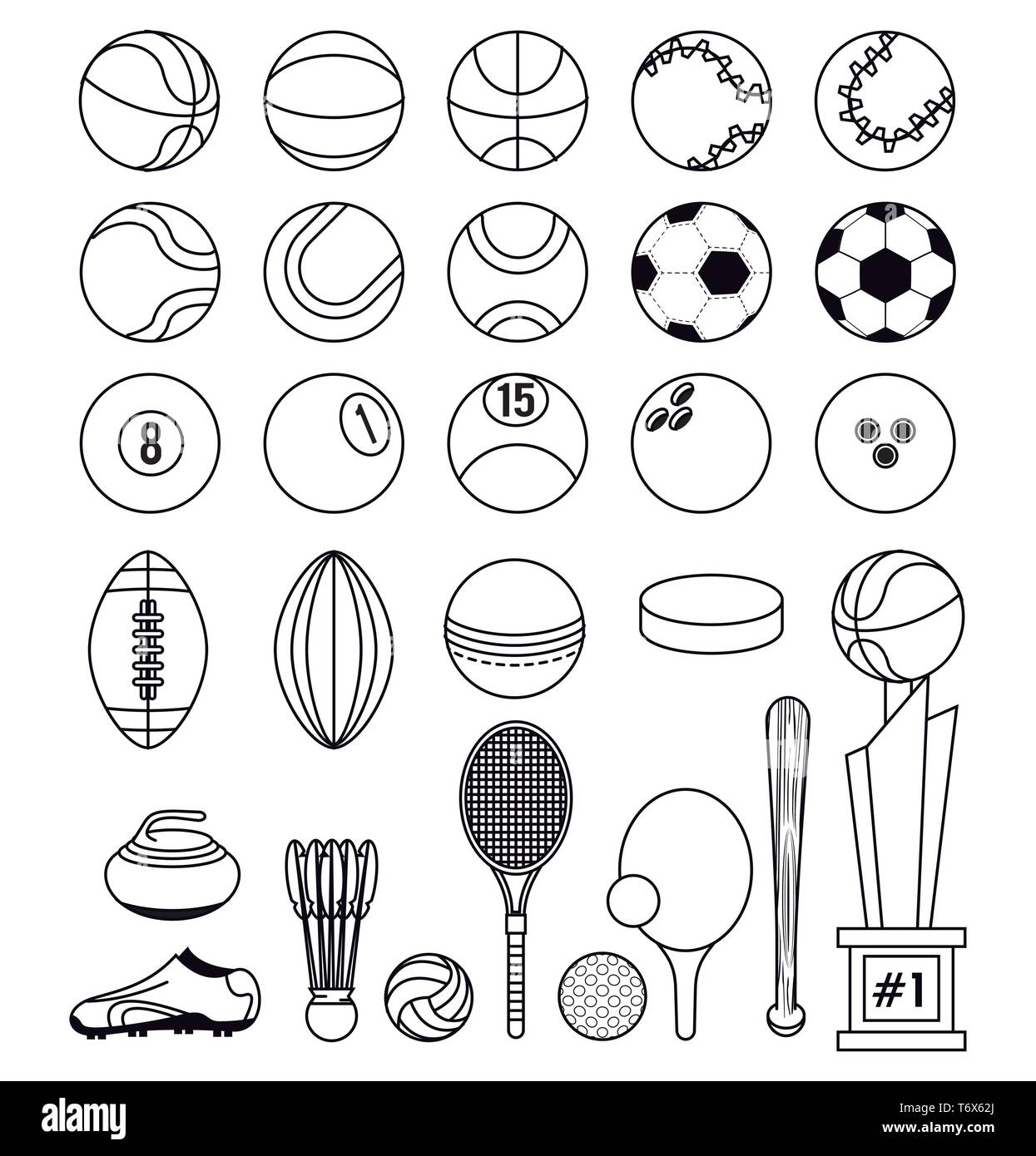 Sports balls equipment collection black and white Stock Vector Image ...