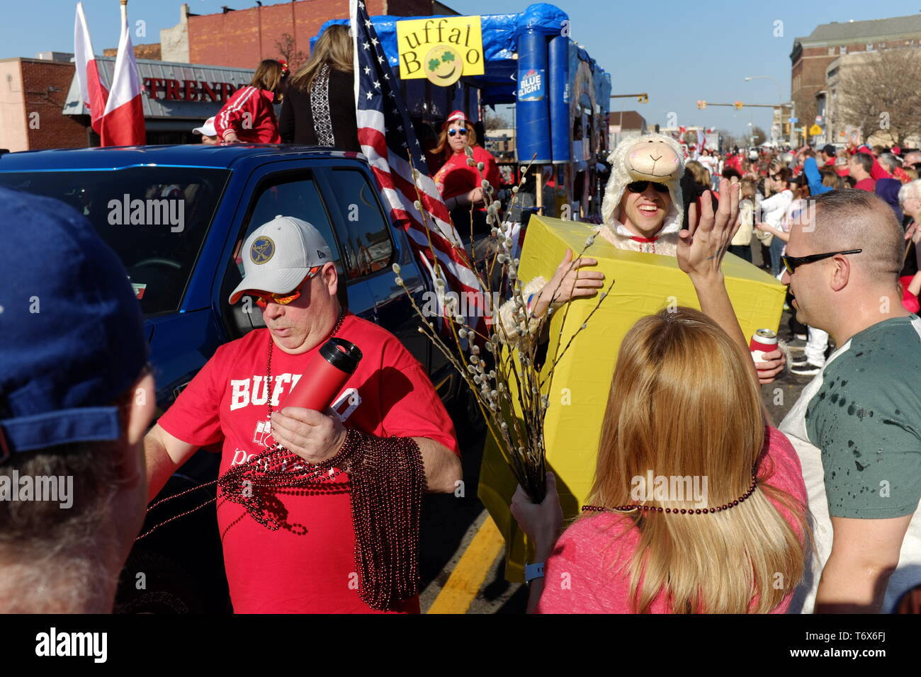 The organized mayhem of the 2019 Dyngus Day Parade in Buffalo, New York, USA is a unique street party celebrating Polish-American pride and traditions Stock Photo