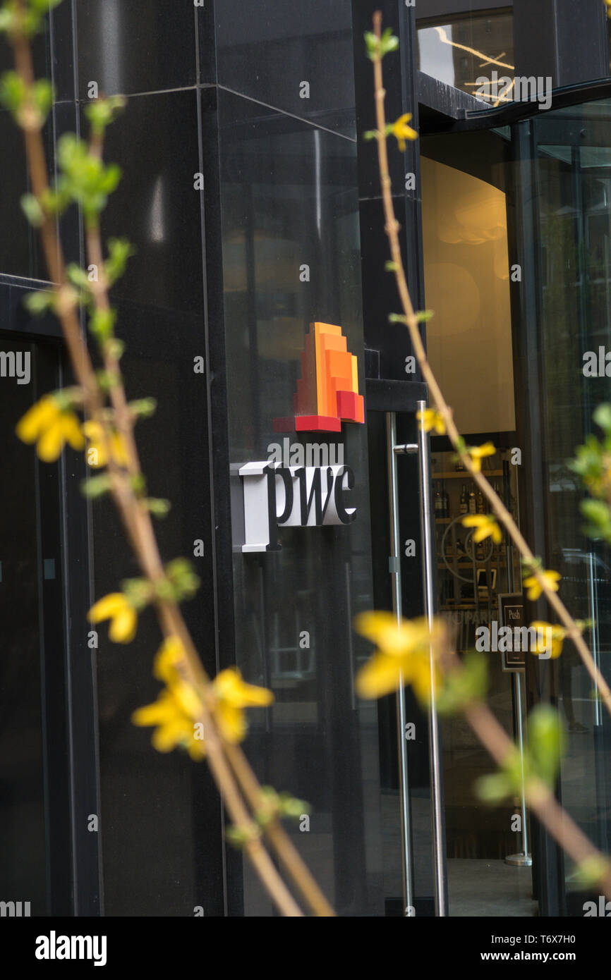 PWC Logo at Building Entrance, NYC, USA  2019 Stock Photo