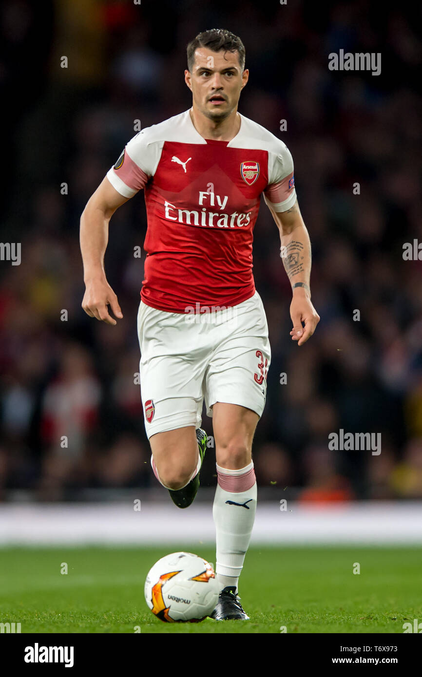 London, UK. 02nd May, 2019. GranitÂ Xhaka of Arsenal during the UEFA Europa League Semi Final match between Arsenal and Valencia at the Emirates Stadium, London, England on 2 May 2019. Photo by Salvio Calabrese. Editorial use only, license required for commercial use. No use in betting, games or a single club/league/player publications. Credit: UK Sports Pics Ltd/Alamy Live News Stock Photo