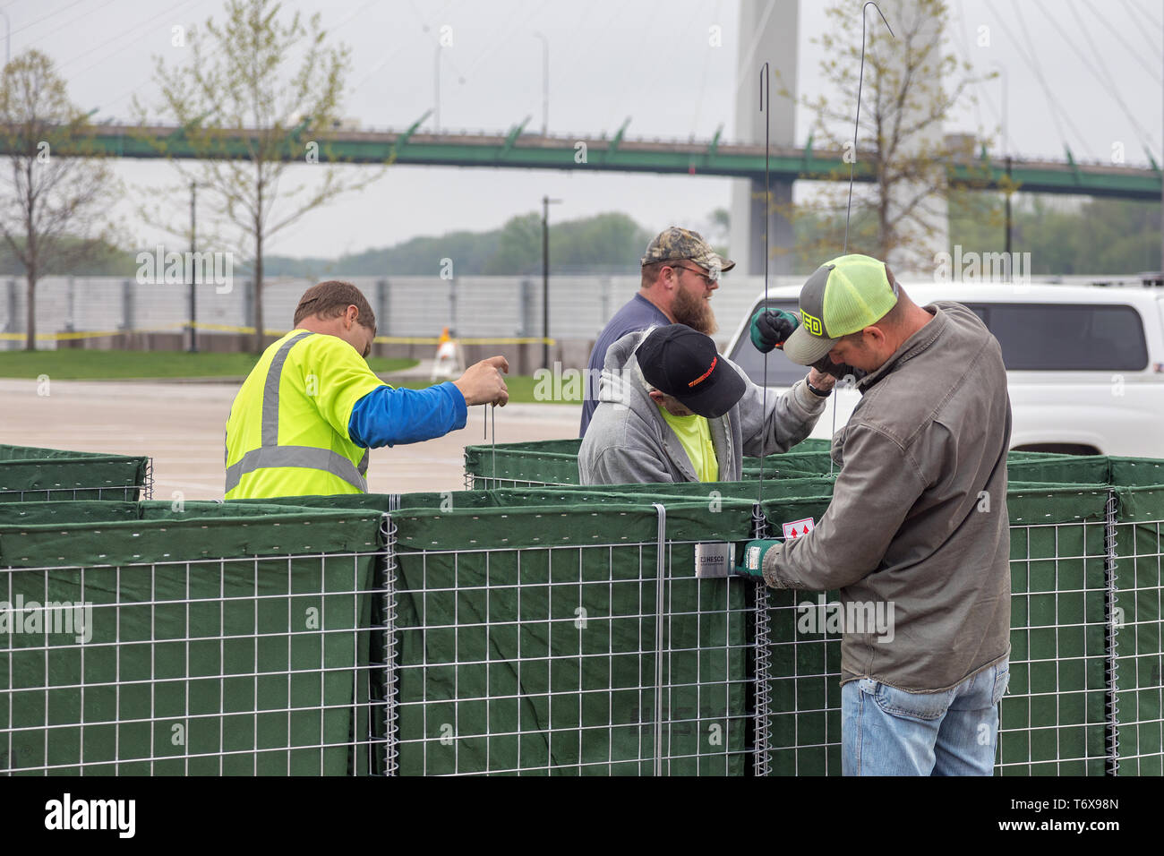 Burlington, Iowa, USA. 2nd May, 2019. City workers assembling Hesco