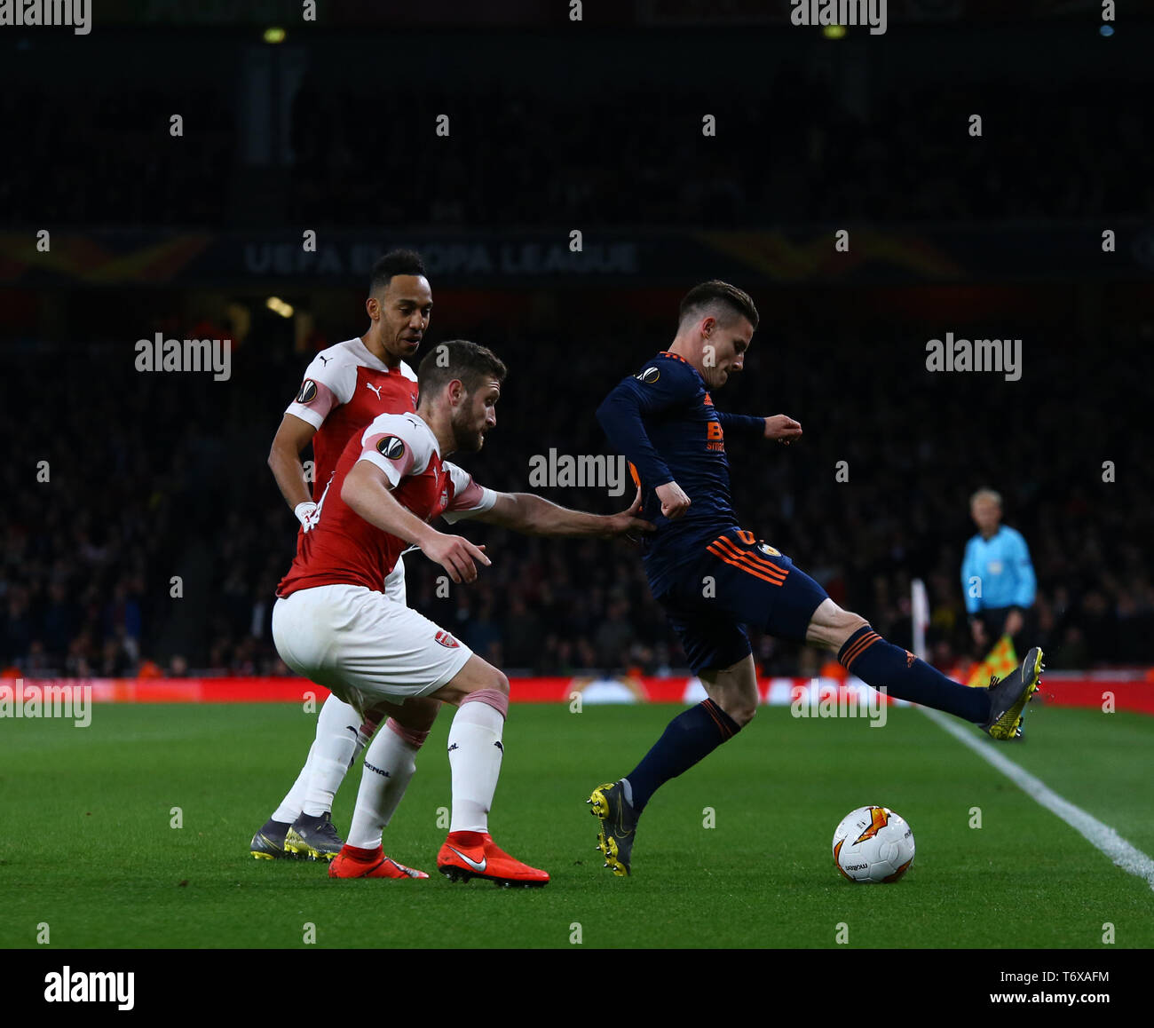 London, UK. 02nd May, 2019. Pierre-Emerick Aubameyang and Shkodran Mustafi of Arsenal defend during the Europa League semi final leg one match between Arsenal and Atletico Madrid at The Emirates Stadium on May 2, 2019 in London, United Kingdom. Credit: Mitchell Gunn/ESPA-Images Credit: Cal Sport Media/Alamy Live News Stock Photo