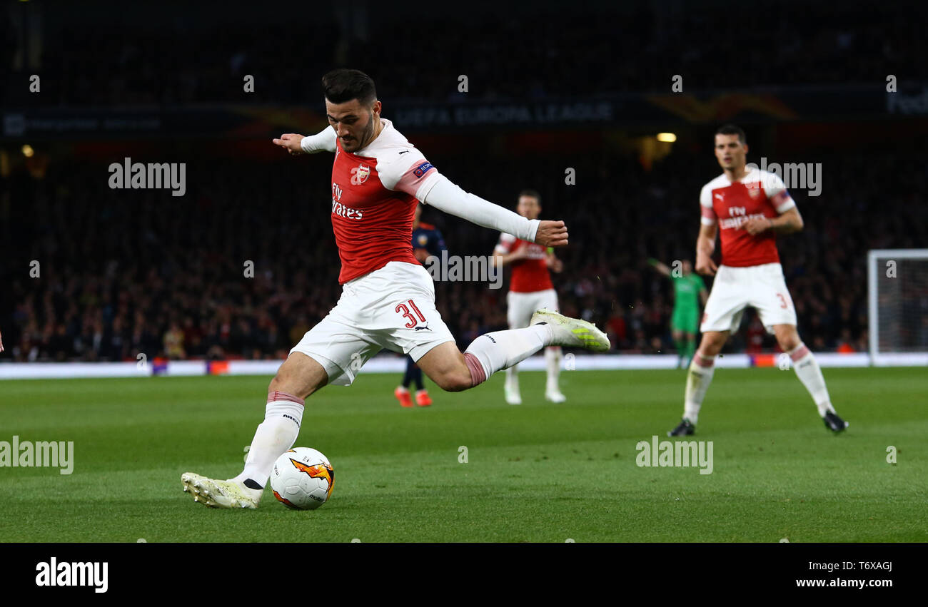 London, UK. 02nd May, 2019. Sead Kolasinac of Arsenal during the Europa League semi final leg one match between Arsenal and Atletico Madrid at The Emirates Stadium on May 2, 2019 in London, United Kingdom. Credit: Mitchell Gunn/ESPA-Images Credit: Cal Sport Media/Alamy Live News Stock Photo