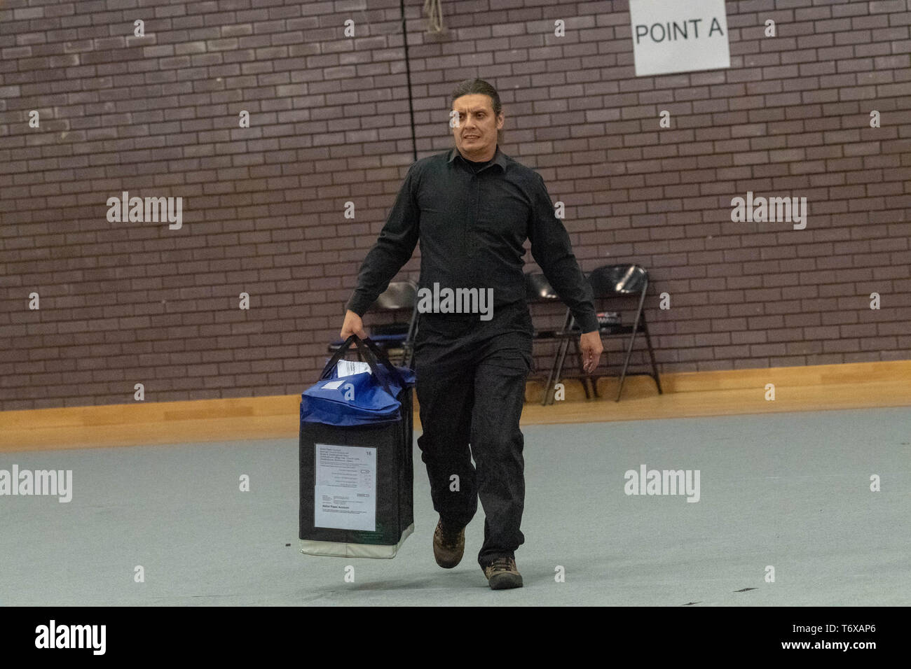 Brentwood Essex 2nd May 2019 Ballot papers arriving at the election count UK local elections  Credit: Ian Davidson/Alamy Live News Stock Photo