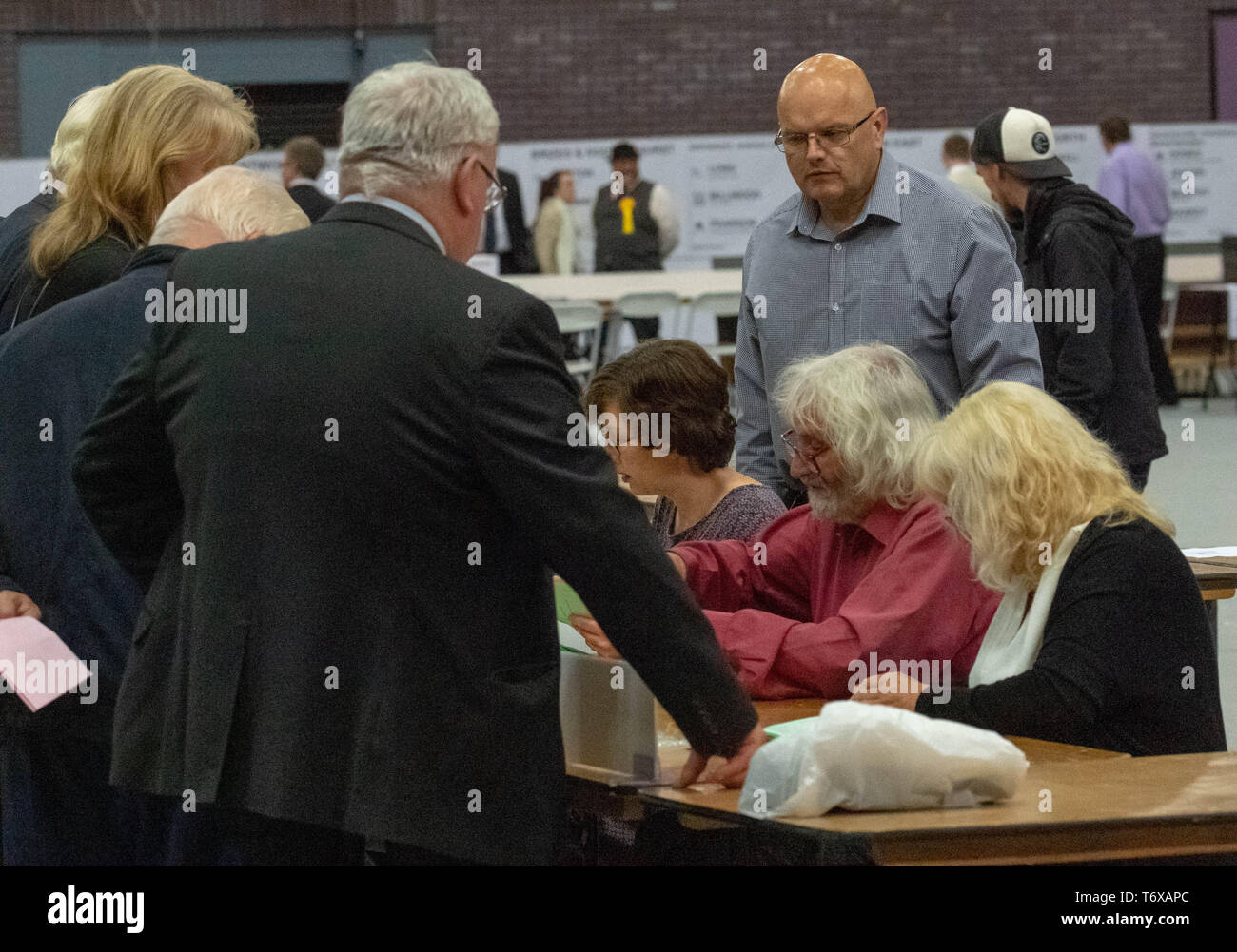 Brentwood Essex 2nd May 2019 Ballot papers abeing counted watched by party counting agents UK local elections 2019 Credit: Ian Davidson/Alamy Live News Stock Photo