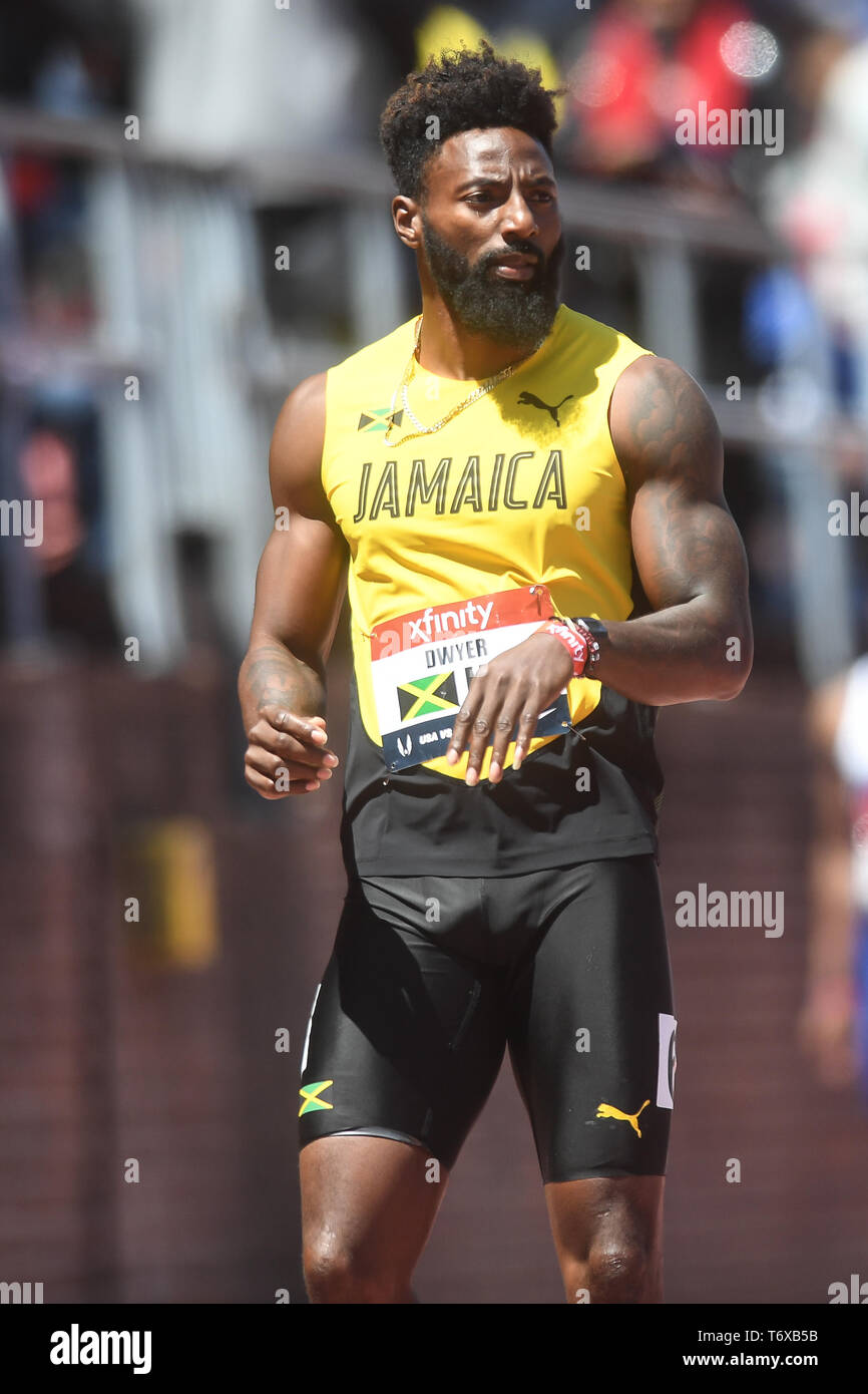 Philadelphia, Pennsylvania, USA. 27th Apr, 2019. RASHEED DWYER from Jamaica waits to run in the USA vs. the World Men 4x100 Relay held at Franklin Field in Philadelphia, Pennsylvania. Credit: Amy Sanderson/ZUMA Wire/Alamy Live News Stock Photo