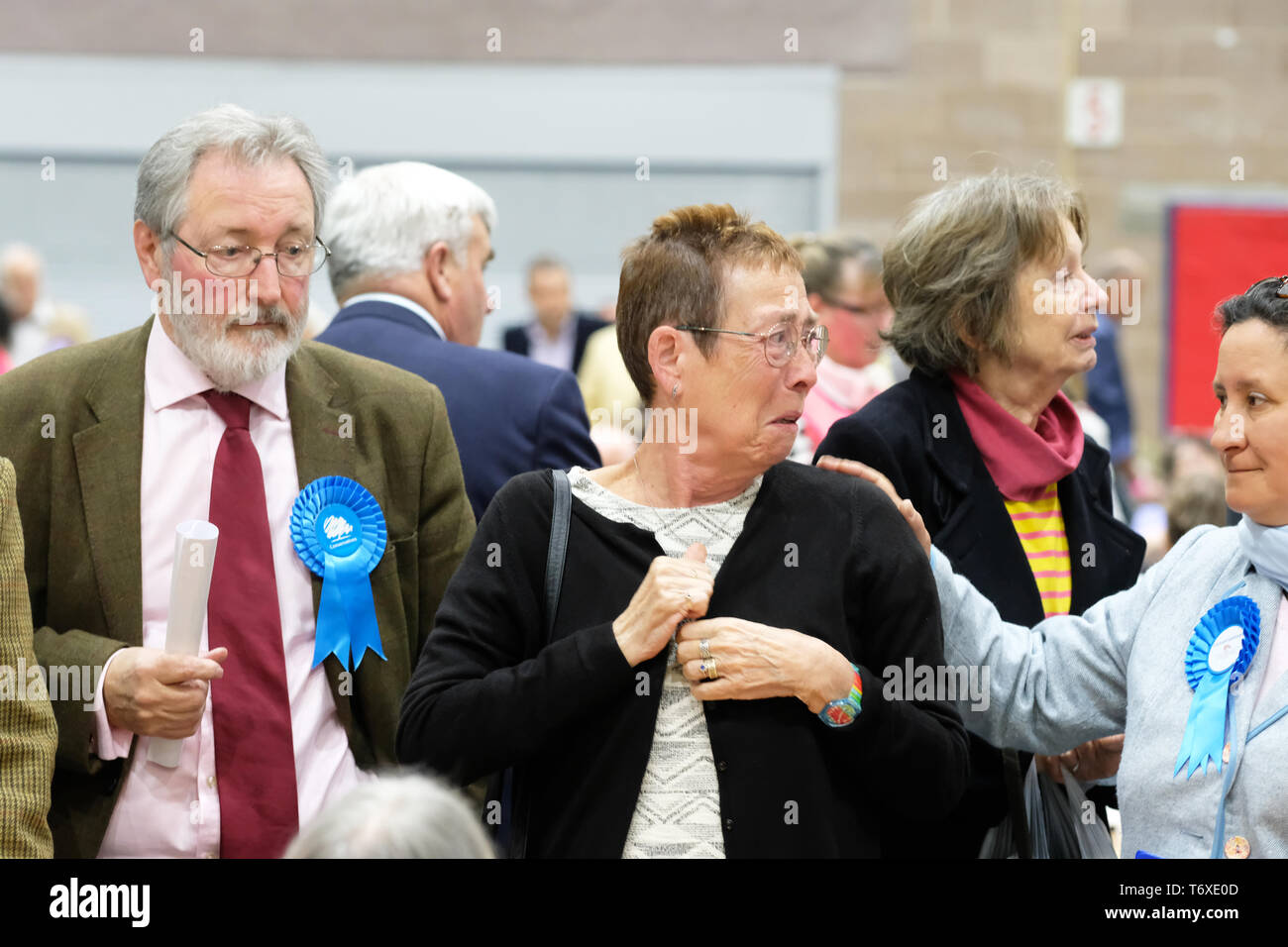 Hereford, Herefordshire, England, UK - Friday 3rd May 2019 - A Conservative candidate reacts as results start to come in - Counting started at 9.30am on Friday morning after local elections took place in Herefordshire yesterday for both Herefordshire Council and the City Council. Polls took place for 248 English councils, six mayors and all 11 councils in Northern Ireland.  Credit: Steven May/Alamy Live News Stock Photo