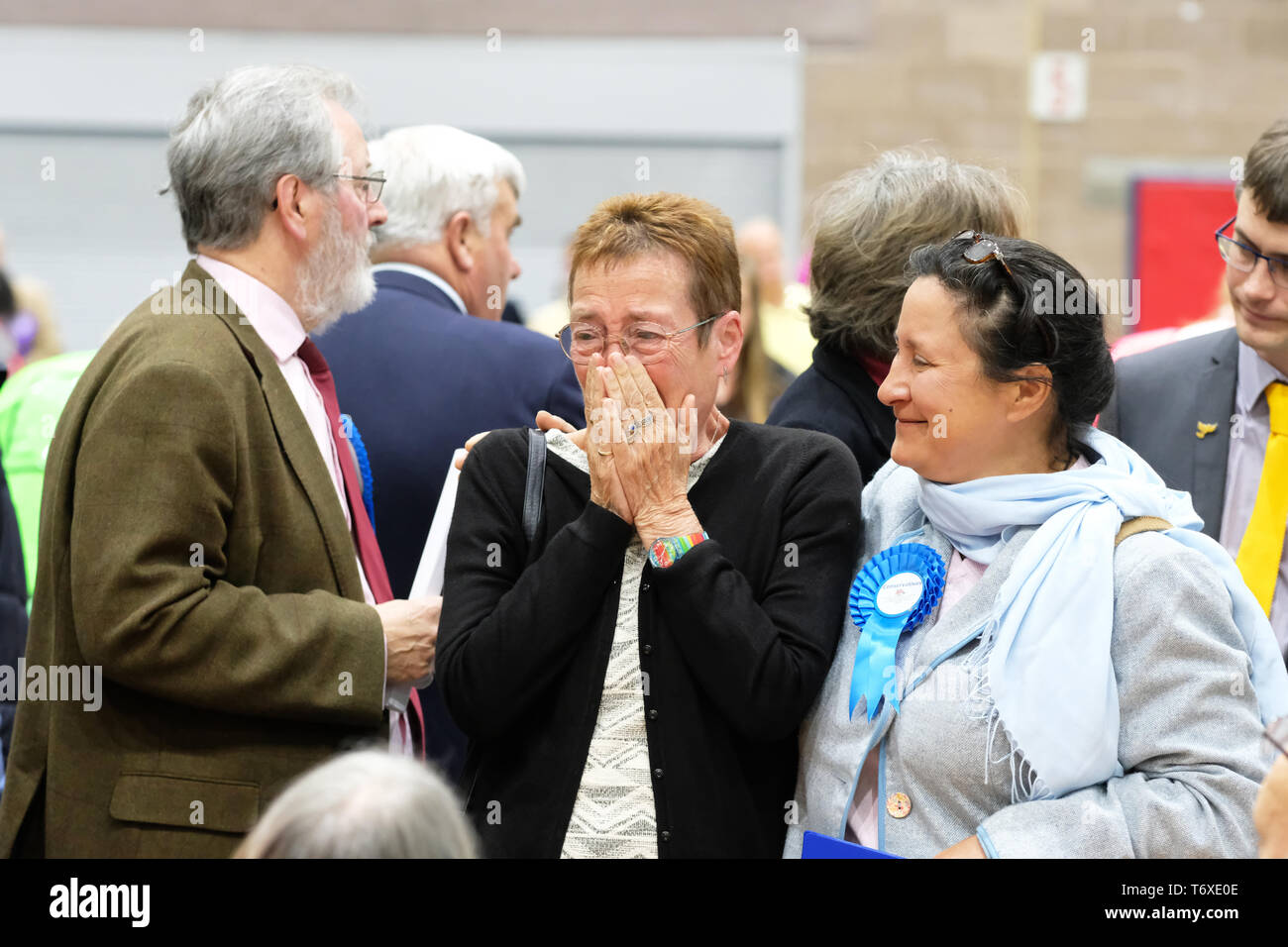 Hereford, Herefordshire, England, UK - Friday 3rd May 2019 - A Conservative candidate reacts as results start to come in - Counting started at 9.30am on Friday morning after local elections took place in Herefordshire yesterday for both Herefordshire Council and the City Council. Polls took place for 248 English councils, six mayors and all 11 councils in Northern Ireland.  Credit: Steven May/Alamy Live News Stock Photo