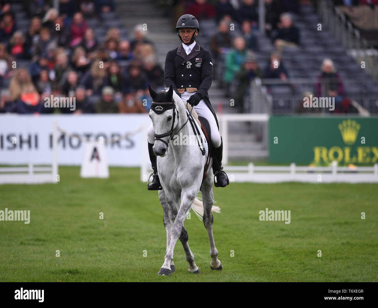 Badminton Estate, Badminton, UK. 3rd May, 2019. Mitsubishi Motors Badminton Horse Trials, day 3; Andrew Nicholson (NZL) riding SWALLOW SPRINGS during the dressage test on day 3 of the 2019 Badminton Horse Trials Credit: Action Plus Sports/Alamy Live News Stock Photo