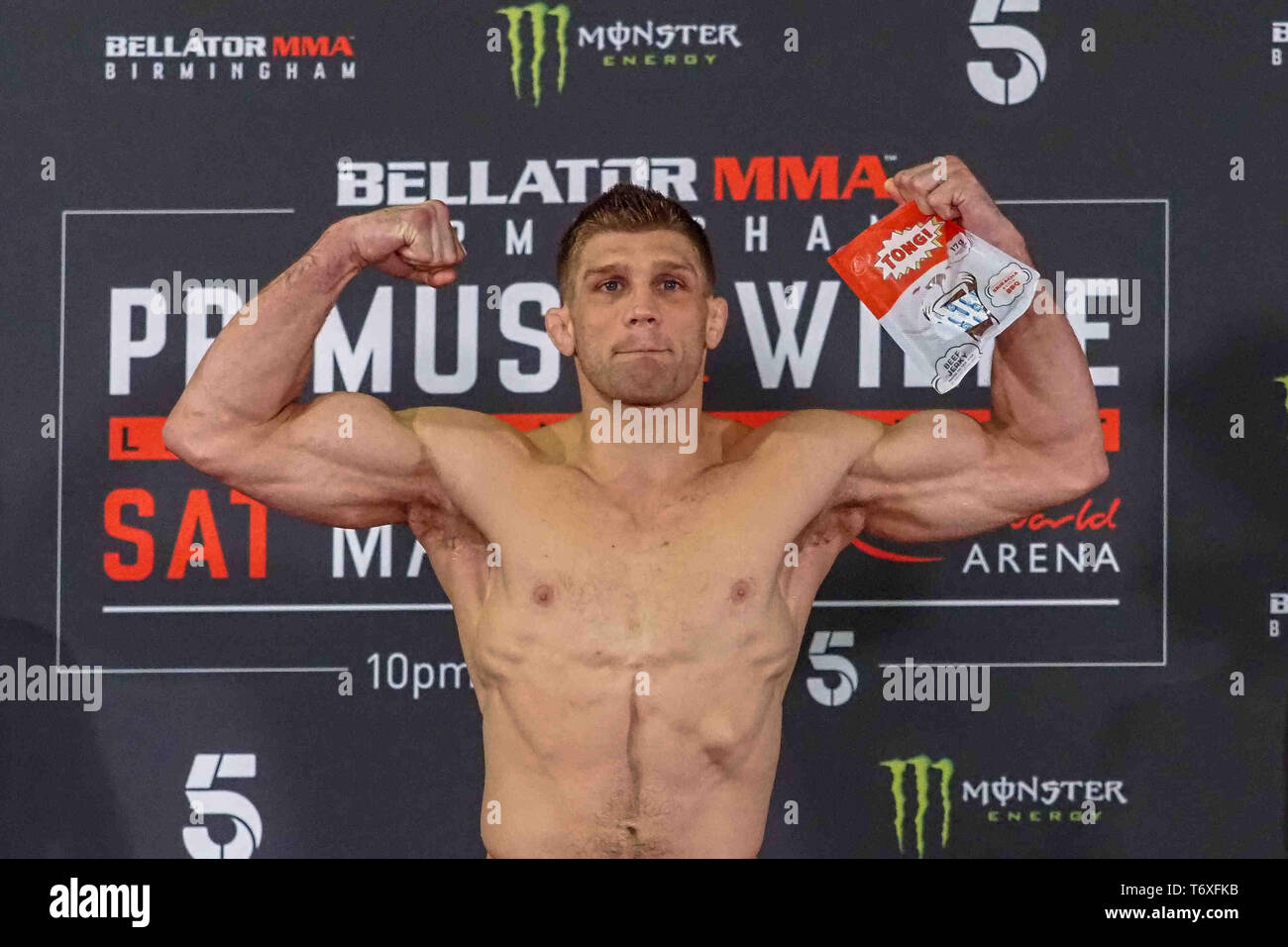 Birmingham, UK. 3rd May 2019. Brent Primus takes to the scales at Bellator Birmingham Ceremonial Weigh-Ins at Resort World Birmingham. May 3, 2019 Credit Dan-Cooke/Alamy Live News Stock Photo