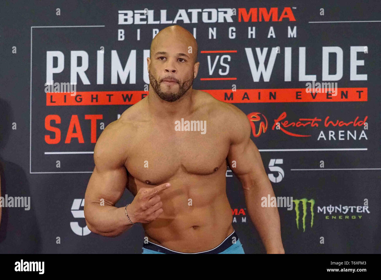Birmingham, UK. 3rd May 2019. Falco Neto takes to the scales at Bellator Birmingham Ceremonial Weigh-Ins at Resort World Birmingham. May 3, 2019 Credit Dan-Cooke/Alamy Live News Stock Photo