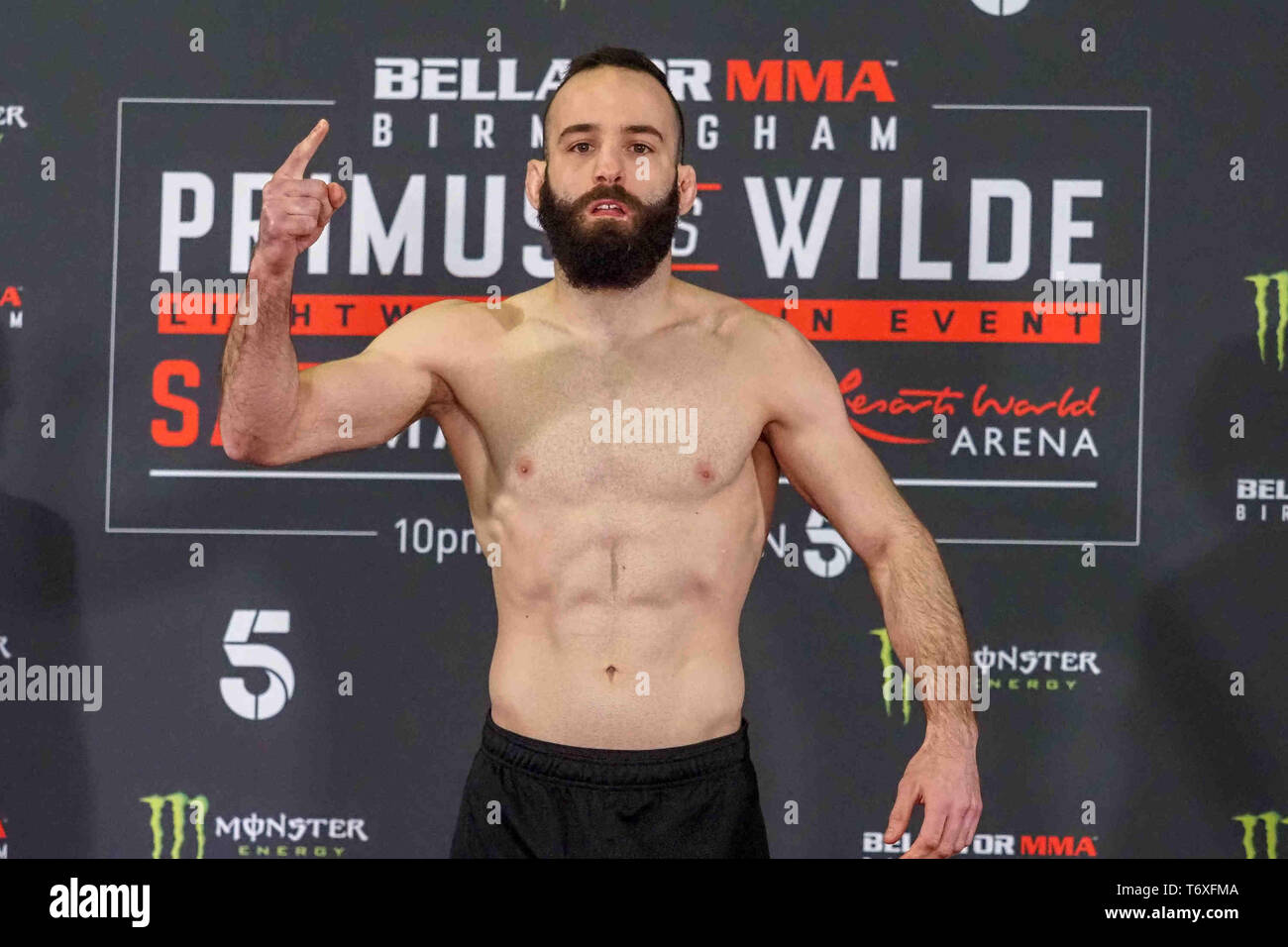 Birmingham, UK. 3rd May 2019. Pedro Carvalho takes to the scales at Bellator Birmingham Ceremonial Weigh-Ins at Resort World Birmingham. May 3, 2019 Credit Dan-Cooke/Alamy Live News Stock Photo