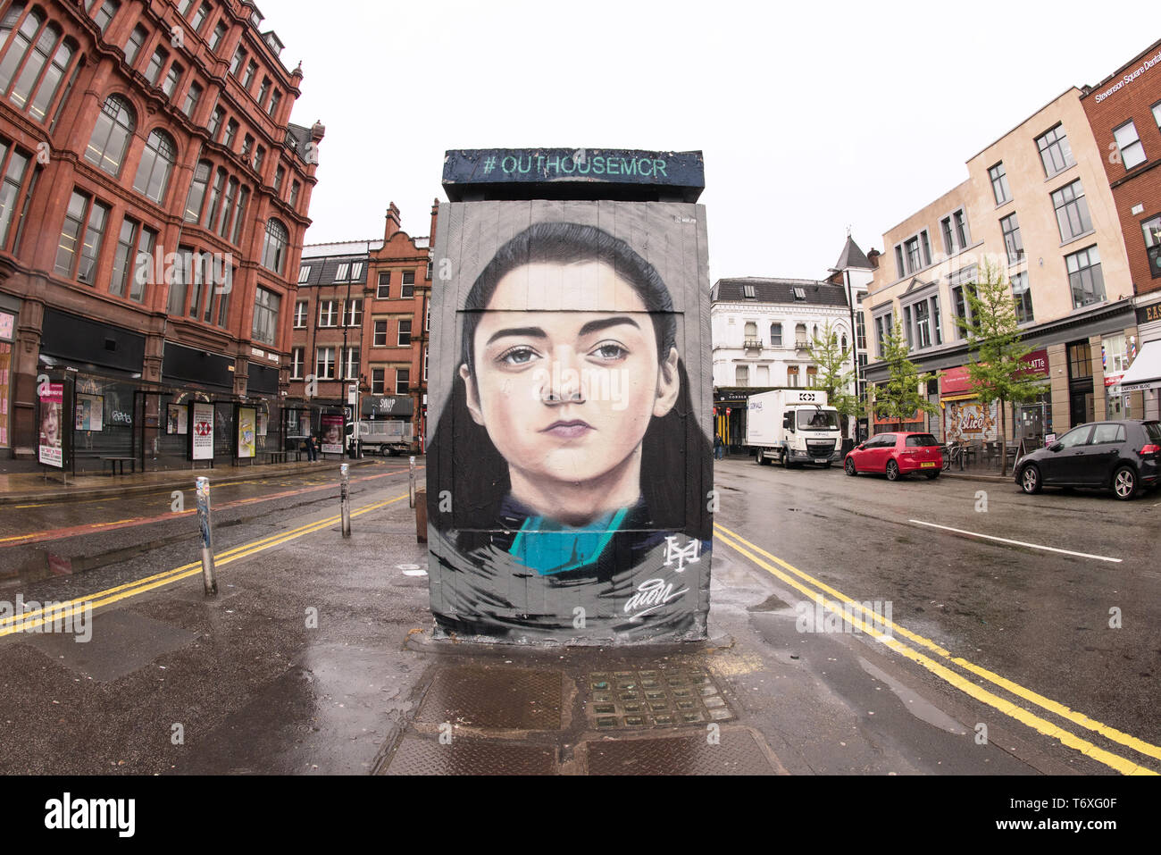 Stevenson Square, Manchester, UK. 3rd May, 2019. French born graffiti artist Akse p19's portrait of Arya Stark mural in Manchester's Northern Quarter. Arya is a character played by Maisie Williams in the popular televsion series Game of Thrones. Credit: Howard Harrison/Alamy Live News Stock Photo