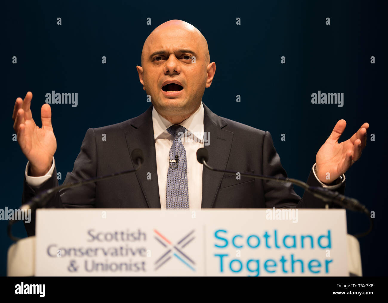 Aberdeen, UK. 3rd May, 2019. Home Secretary, Sajid Javid delivers a keynote speech address to conference. Credit: Colin Fisher/Alamy Live News Stock Photo