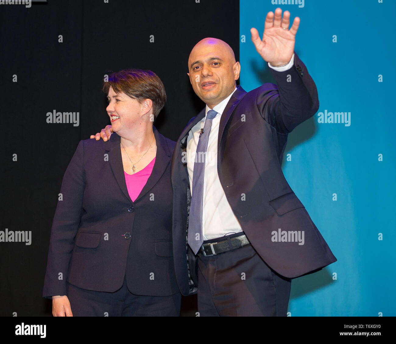 Aberdeen, UK. 3rd May, 2019. Pictured: (left) Ruth Davidson and (right) Sajid Javid Home Secretary, Sajid Javid delivers a keynote speech address to conference. Pictured: Jackson Carlow, deputy leader of the Scottish Conservative & Unionist Party, applauds a the home secretary's speech. Credit: Colin Fisher/Alamy Live News Stock Photo