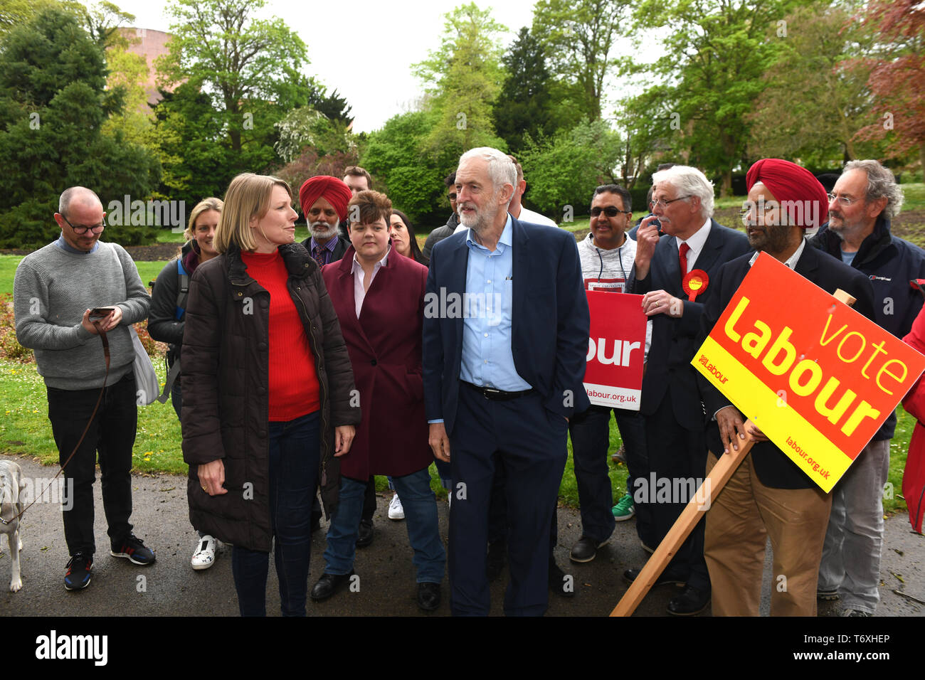 Labour Party leader Jeremy Jeremy Corbyn celebrating the party's council election results with Councillor Carolyn Healy and Baron Sahota of Telford and Telford & Wrekin Labour councillors and supporters. Labour gained eight seats from the opposition in Telford and Wrekin. Ironbridge, Telford, UK. 3rd May 2019. Picture by David Bagnall. Stock Photo