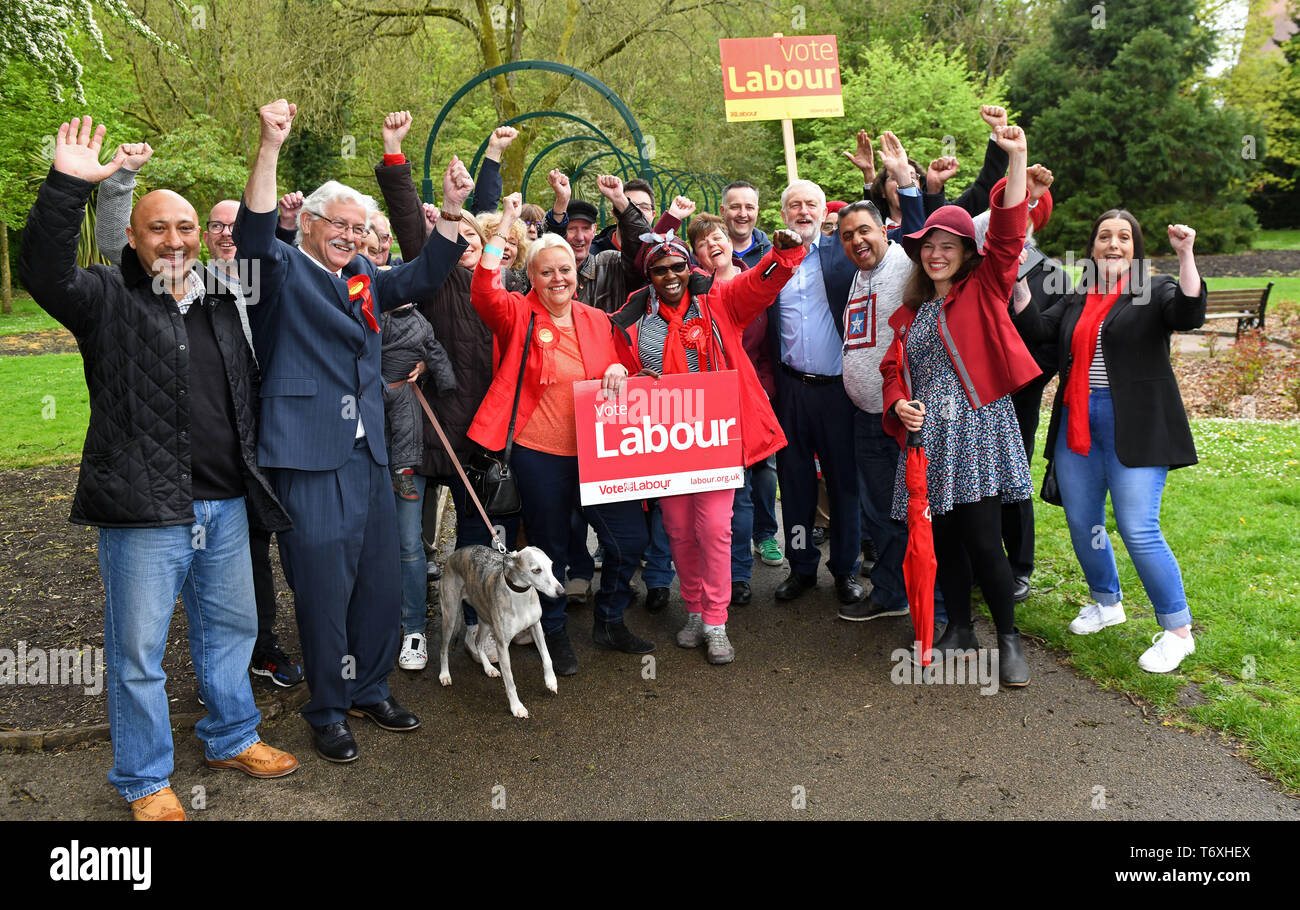 Ironbridge, Telford, UK. 3rd May 2019. Labour Party leader Jeremy Jeremy Corbyn celebrating the party's council election results with Telford & Wrekin Labour councillors and supporters. Labour gained eight seats from the opposition in Telford and Wrekin. Credit: David Bagnall/Alamy Live News Stock Photo