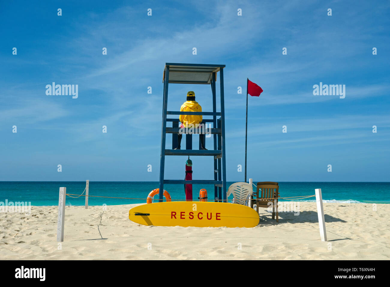 Life guard watch point and red flag flying, Praia Lacacao, Santa Monica, Boa Vista, Cape Verde. Stock Photo
