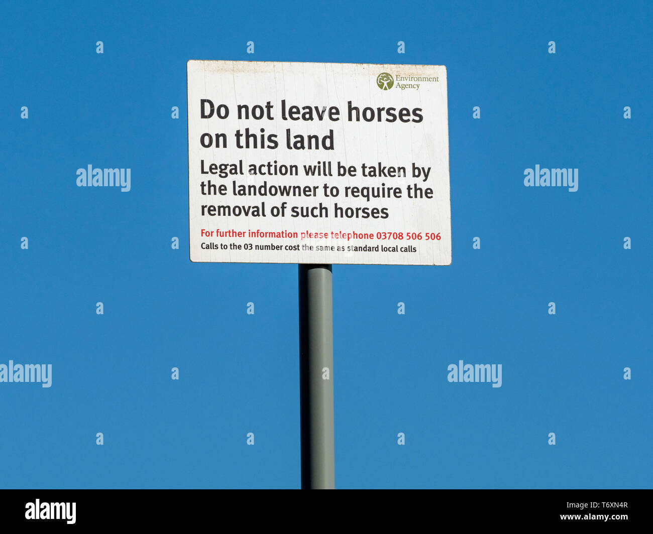 Environment Agency sign saying 'Do not leave horses on this land', Ouse Washes, Cambridgeshire, England, UK Stock Photo