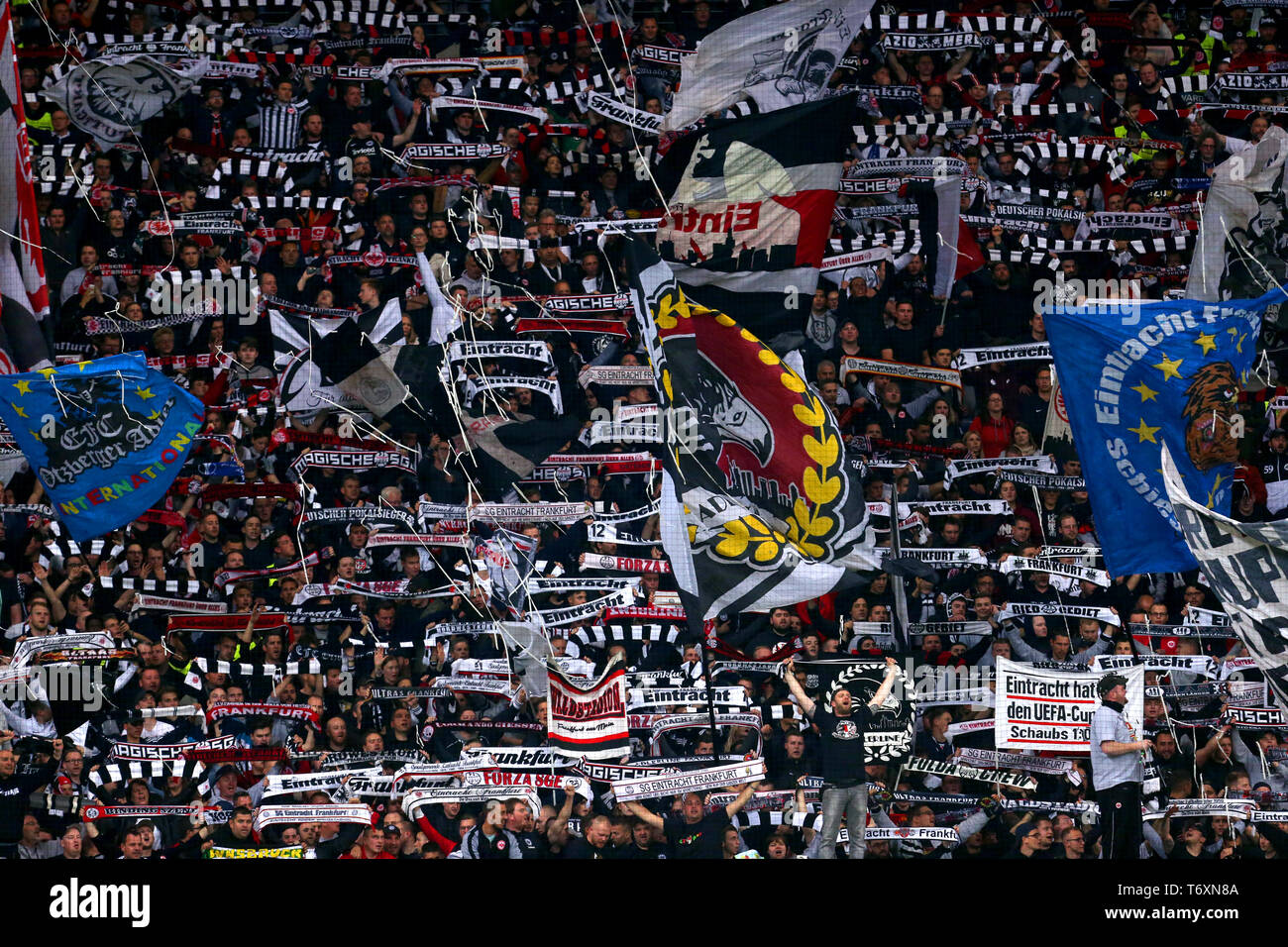 Frankfurt fans wave flags, banners and at the end of the UEFA Europa League Semi final, first leg match at Frankfurt Stadion, Frankfurt Photo - Alamy