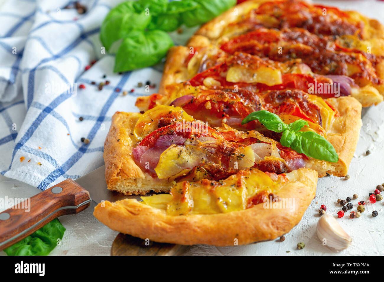 Vegetable potato open pie closeup. Stock Photo