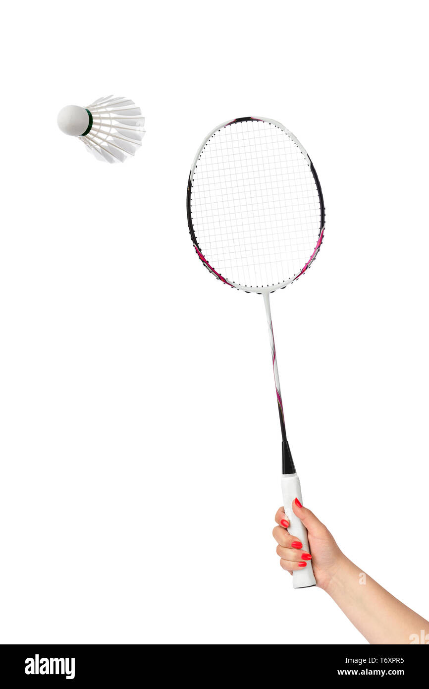 Hand with badminton racket and feather shuttlecock Stock Photo Alamy
