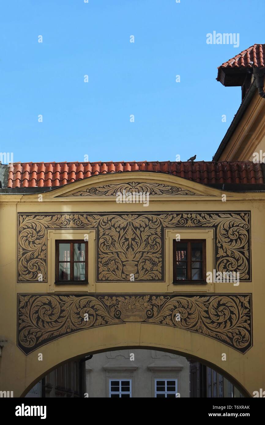 House crossing with sgraffito pattern, Prague Stock Photo
