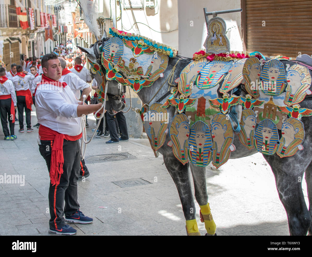 Caravaca de la Cruz, Spain, May 2, 2019: Horses being paraded at Caballos Del Vino, Caravaca. Spanish celebrations of Wine horses, caballo del vino. Stock Photo