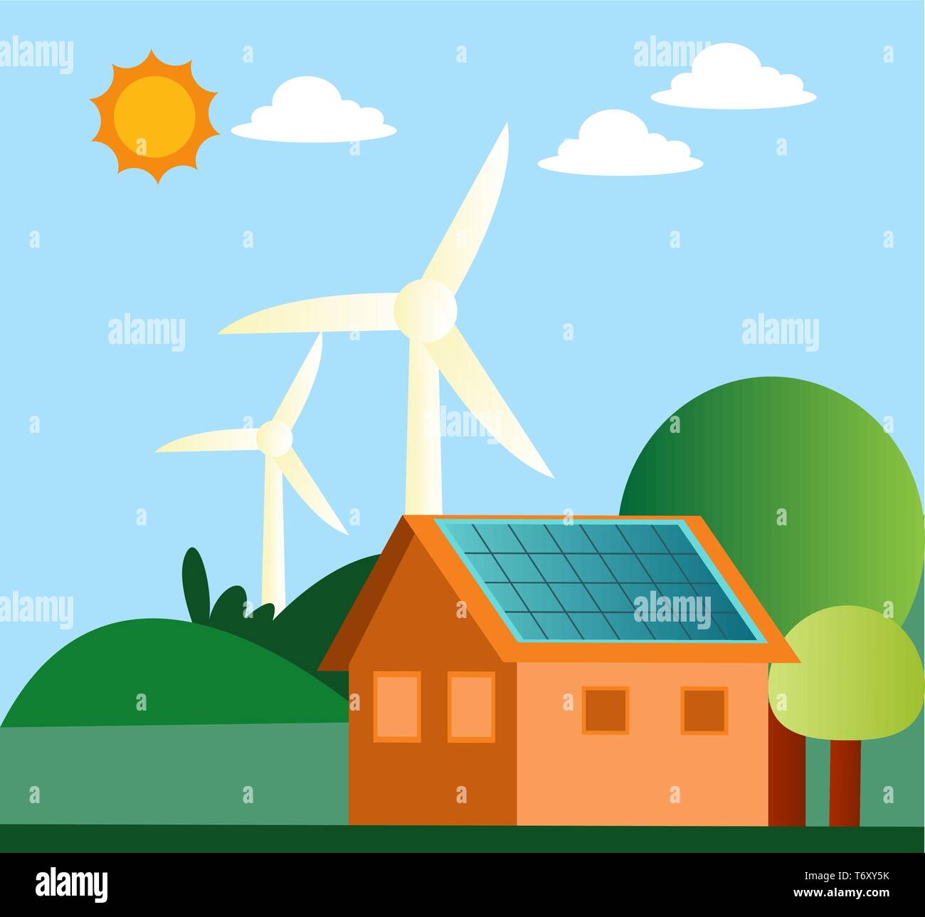 Illustration of windmill and solar panels on a house illustration ...
