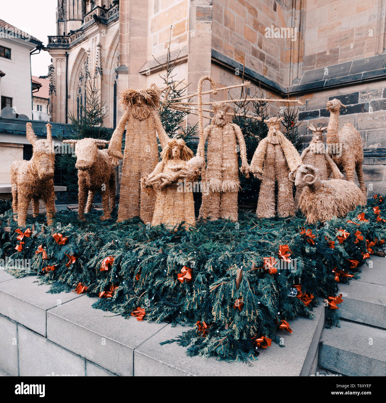 Traditional christmas straw nativity scene Stock Photo